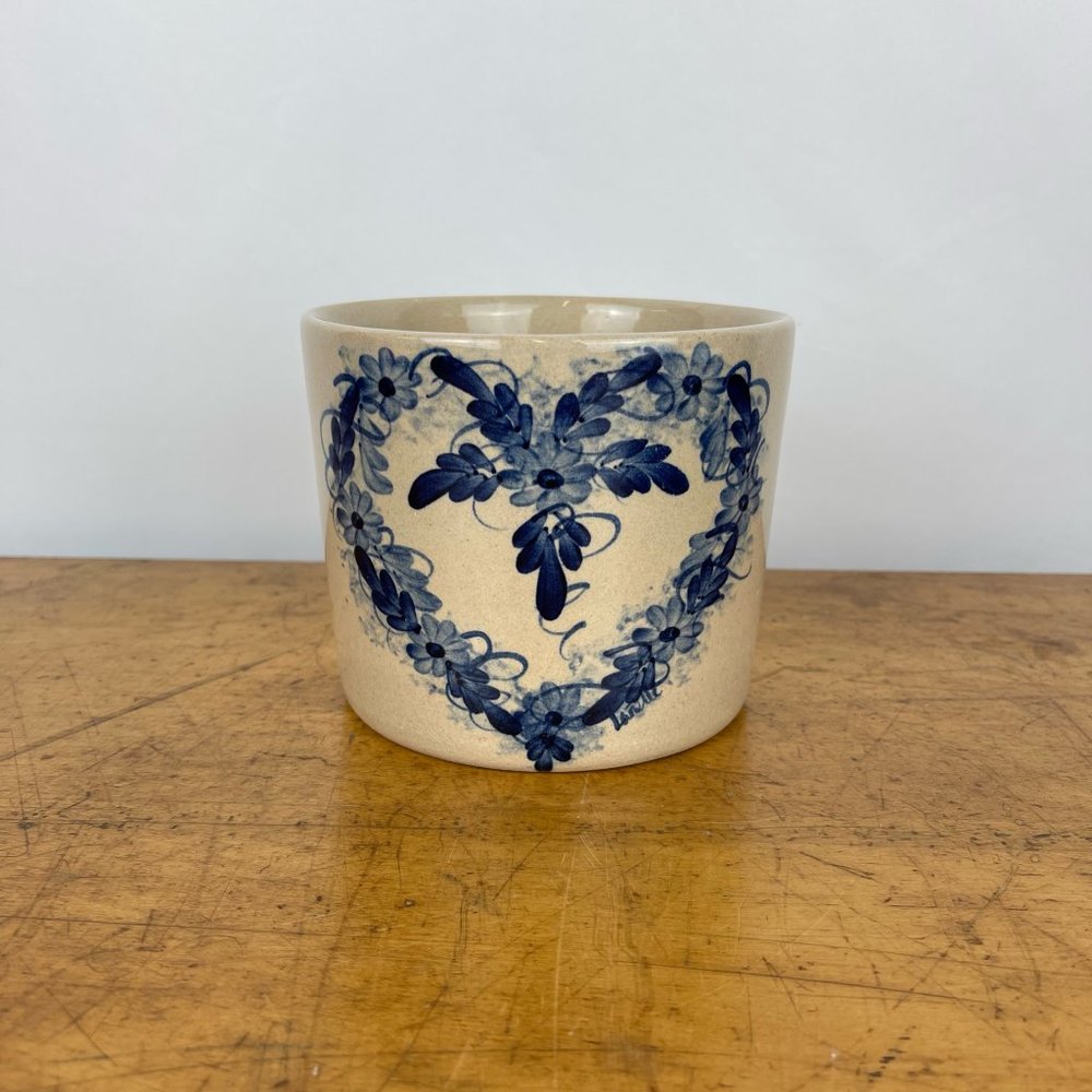 Vintage Yesteryears Marshall Pottery Blue Floral Heart Crock Made in Texas